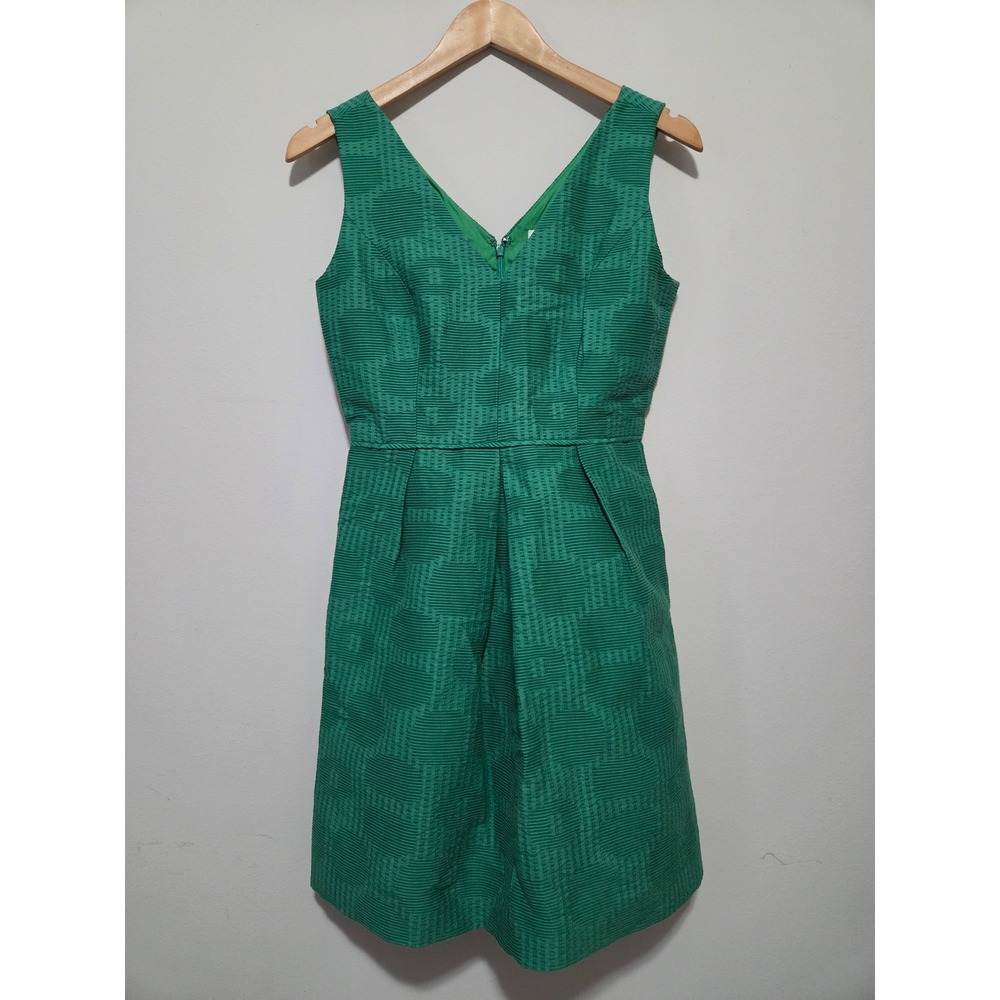 J.Crew‎ Green Textured Jacquard V-Neck Fit and Flare Dress G3424 Womens 0